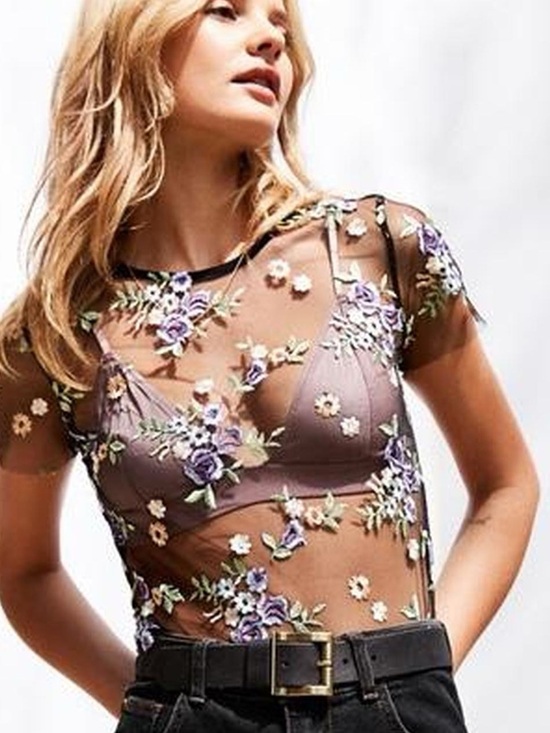 Urban Outfitters Tops - Urban Outfitters Kimchi Blue | Lilac Embroidered Sheer Short Sleeve Tee | size L